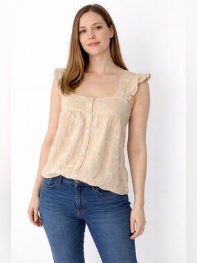 Joie Cream Embroidered Button-Front Camisole Tank Top size Medium
